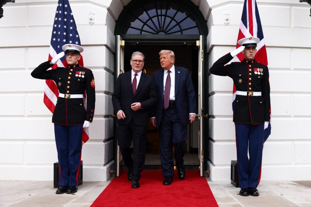 British Prime Minister Keir Starmer is greeted by U.S. President Donald Trump at the White House on February 27, 2025 in
