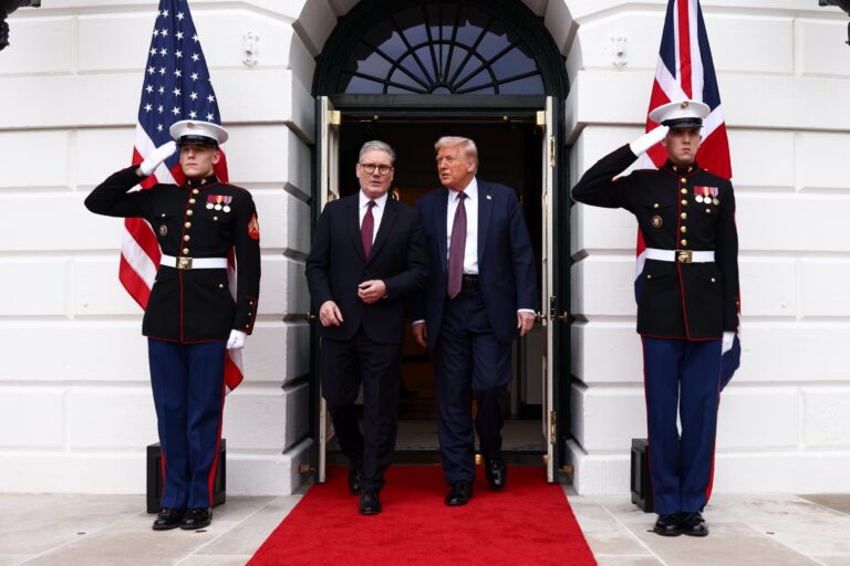 British Prime Minister Keir Starmer is greeted by U.S. President Donald Trump at the White House on February 27, 2025 in